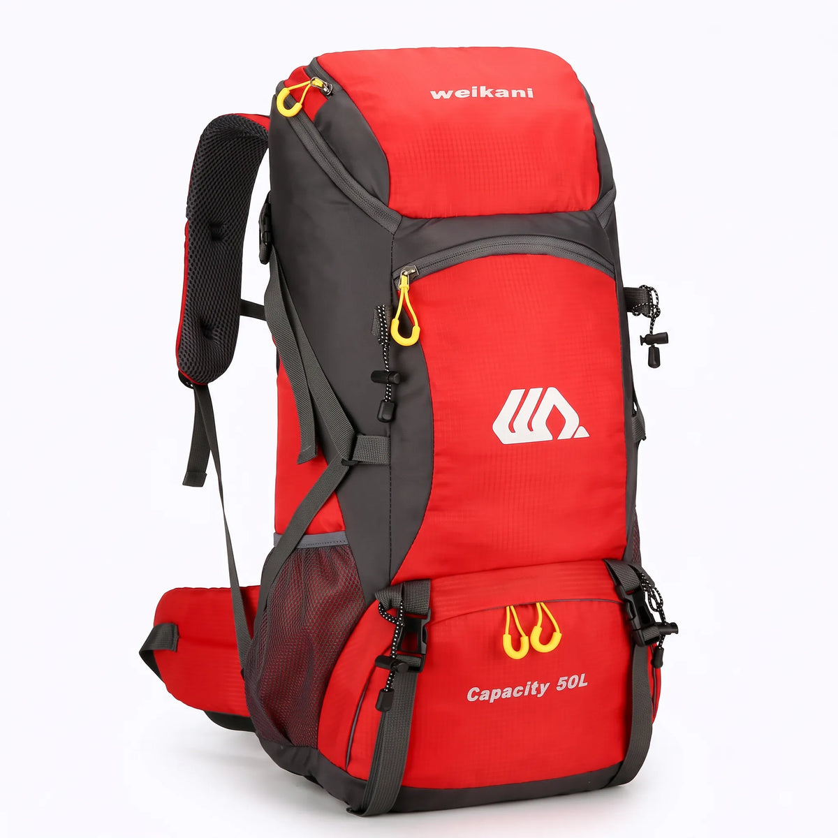 Red 50L waterproof hiking backpack with padded shoulder straps for camping, backpacking, trekking, mountaineering, and outdoor travel.