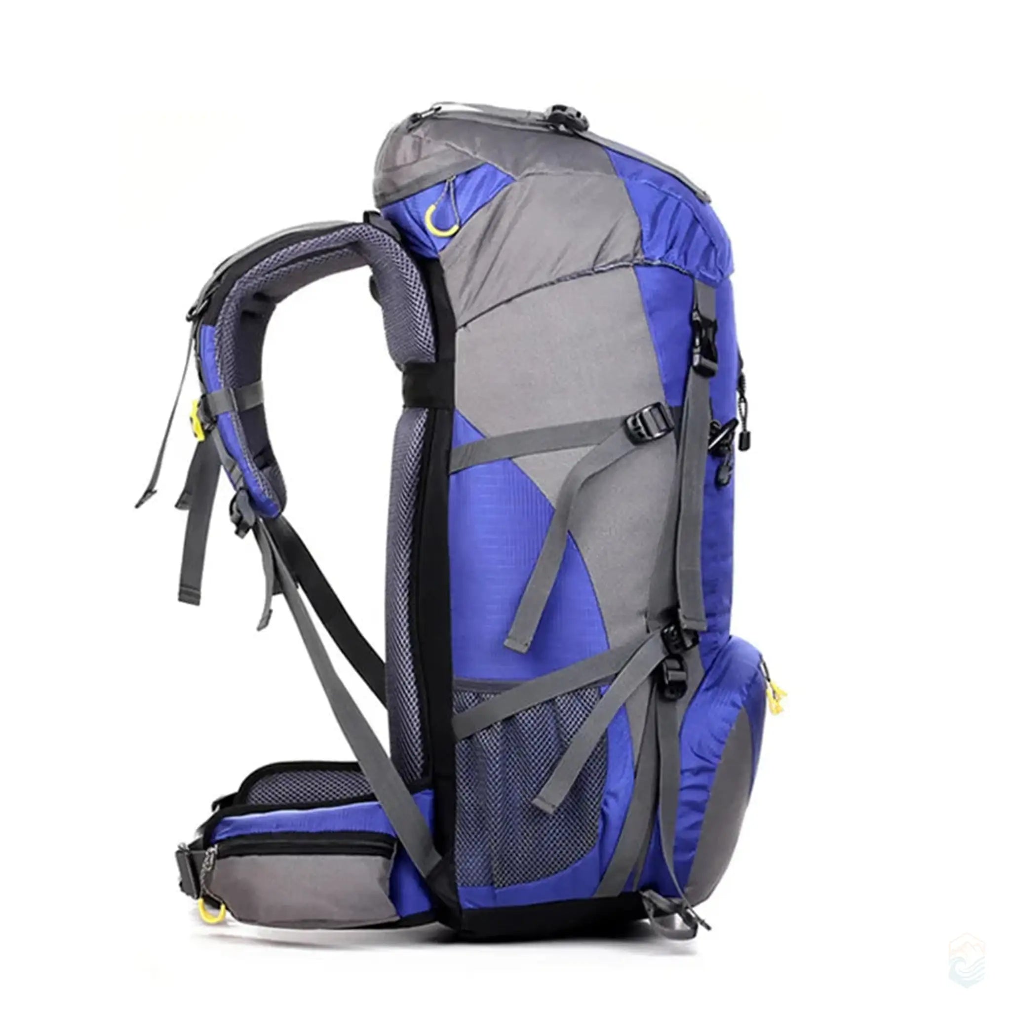 Side view of 50L waterproof hiking backpack in light purple and gray, showcasing adjustable straps, mesh padding, and ergonomic design for comfortable outdoor use.