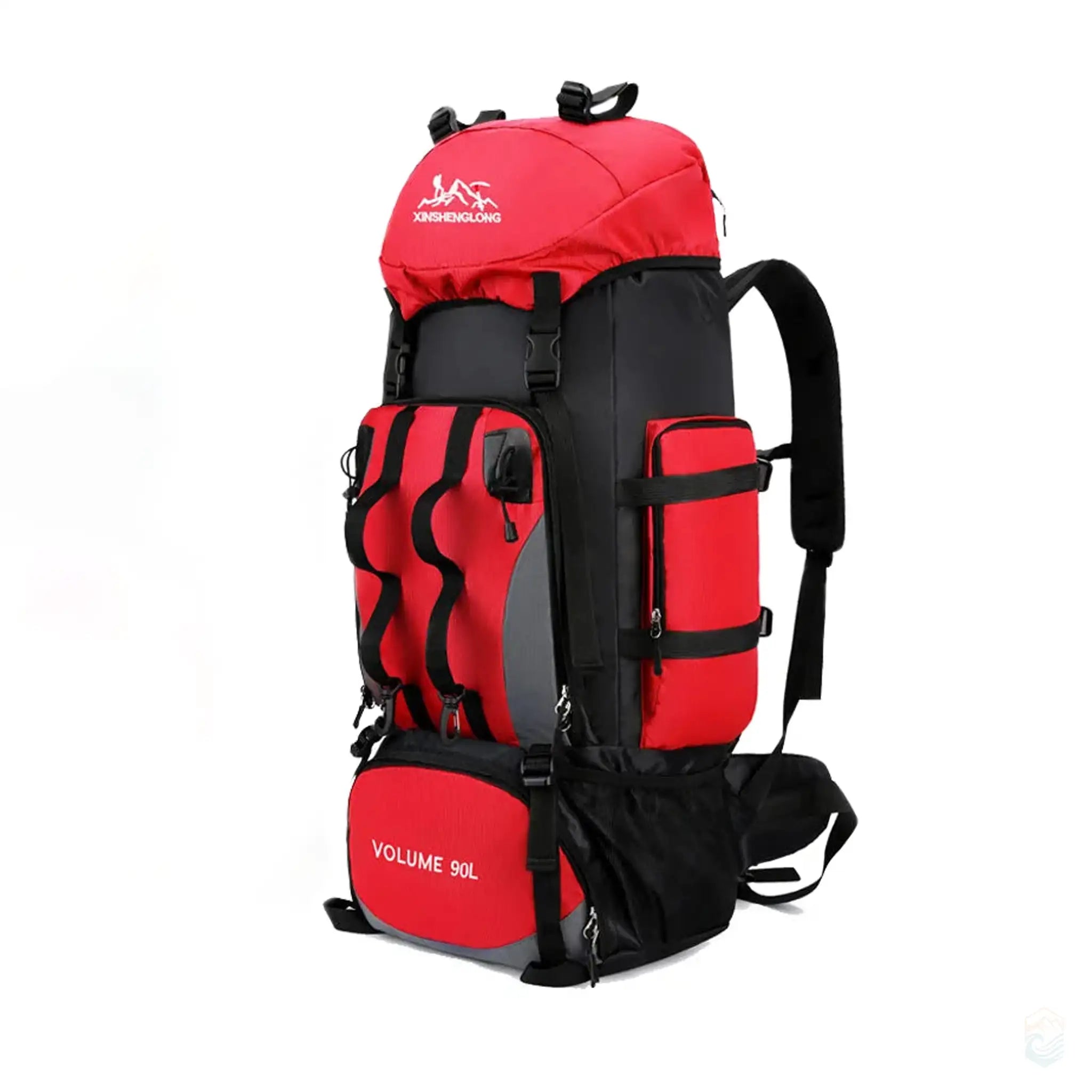 Red 90L waterproof hiking backpack with multiple compartments, durable straps, and included rain cover.