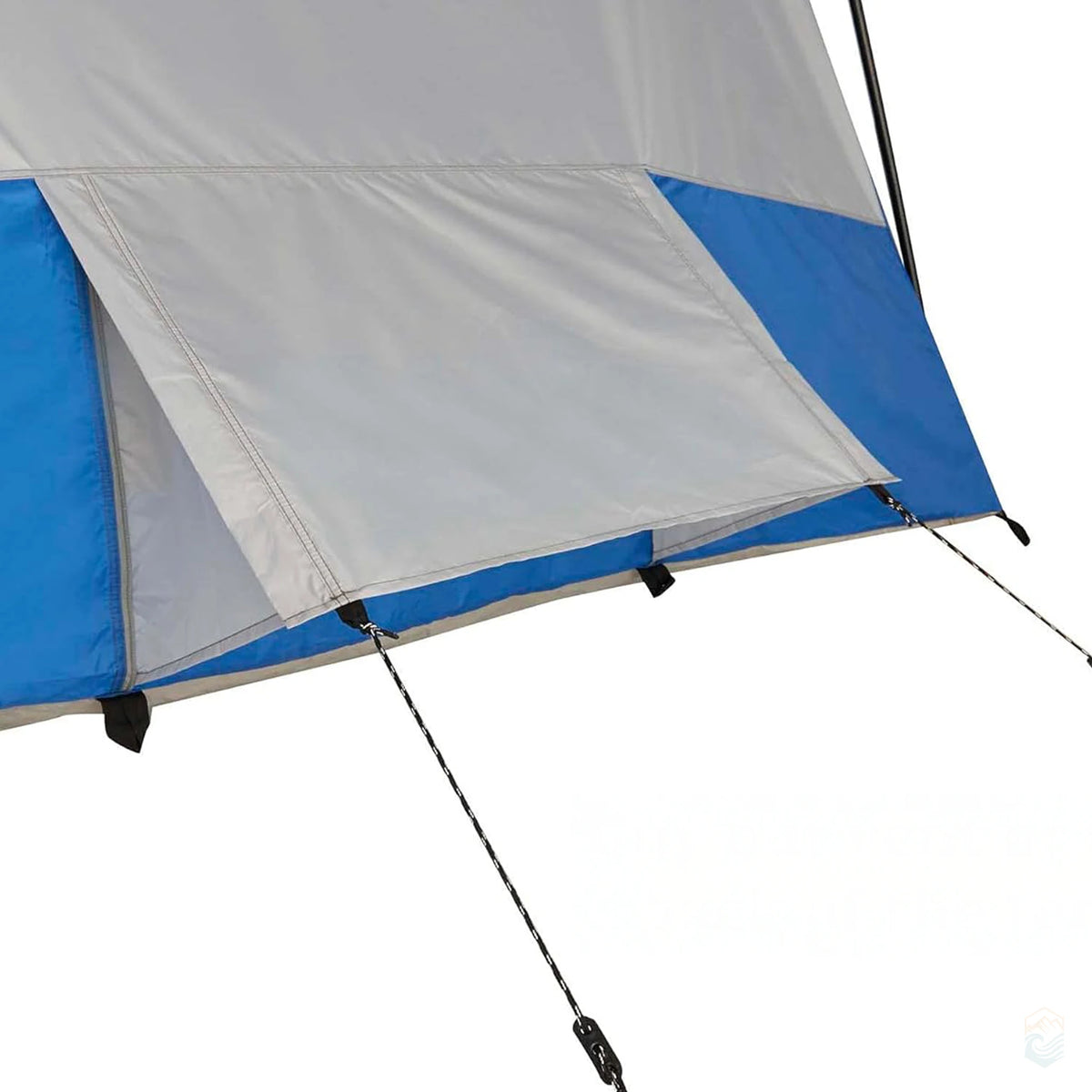 Close-up of guy lines securing tent flap with angled ventilation panel on the Wenzel Klondike 8-person tent