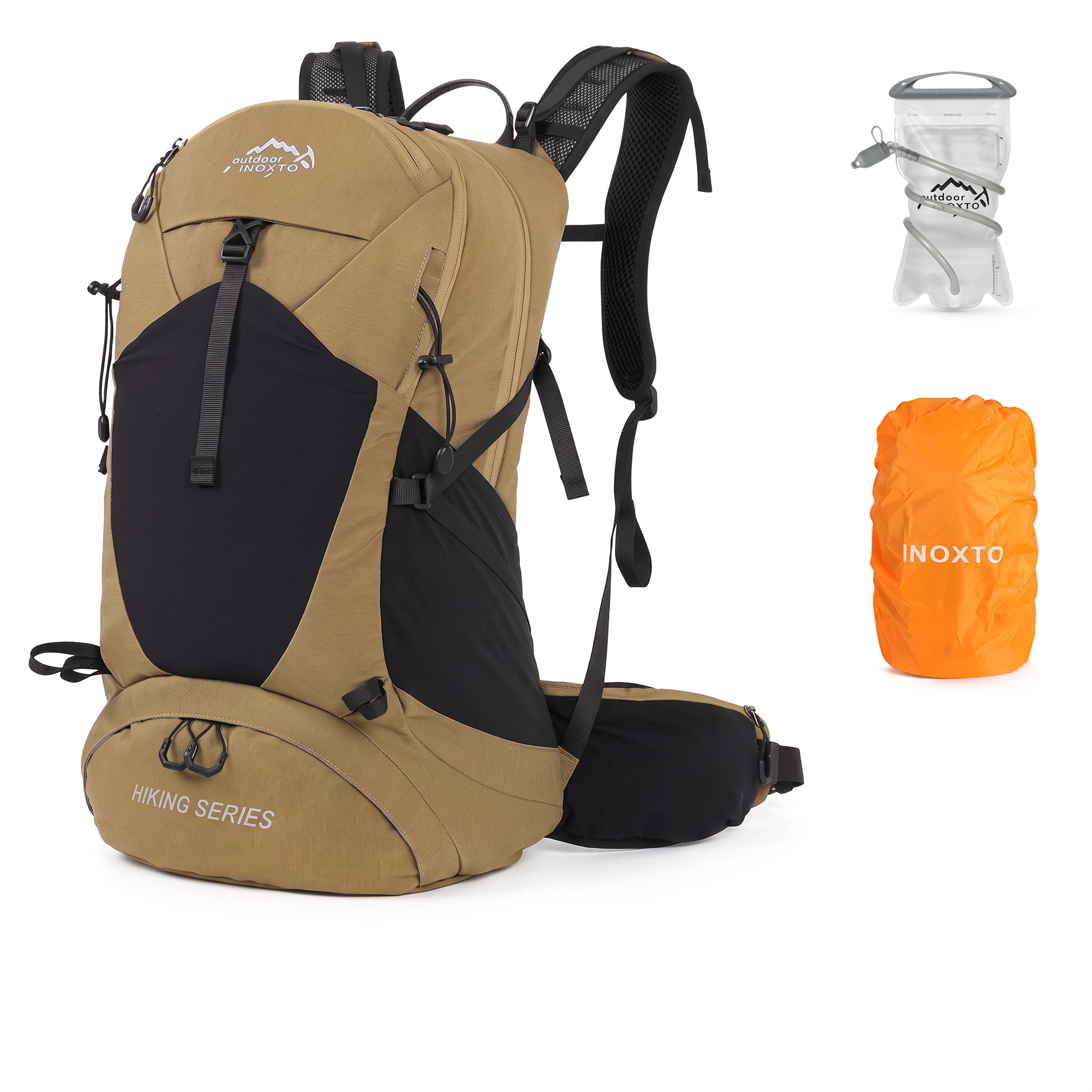 Khaki Outdoor Inoxto 35L hiking backpack with 1.5L or 2.0L hydration bladder and orange waterproof rain cover.