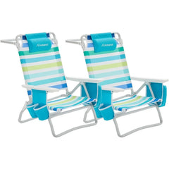 Aohanoi Adjustable Reclining Beach Chair with Cooler Pouch - Blue Stripes, 350lbs Capacity