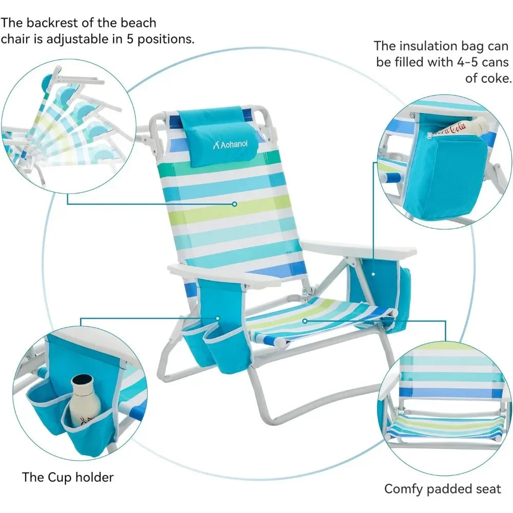 Aohanoi Adjustable Reclining Beach Chair with Cooler Pouch - Blue Stripes, 350lbs Capacity