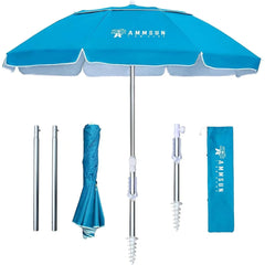 AMMSUN 6.5ft Foldable Beach Umbrella with Sand Anchor, Tilt Function, and UPF 50+ UV Protection - Blue