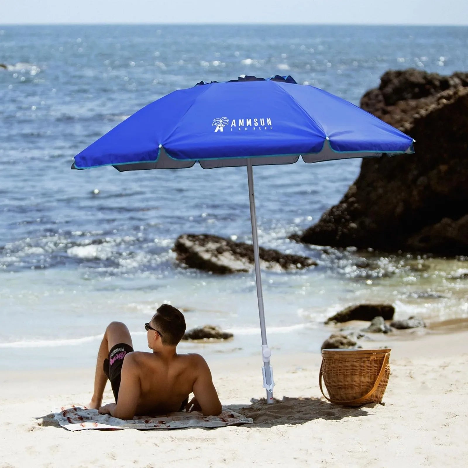 AMMSUN 6.5ft Foldable Beach Umbrella with Sand Anchor, Tilt Function, and UPF 50+ UV Protection - Blue