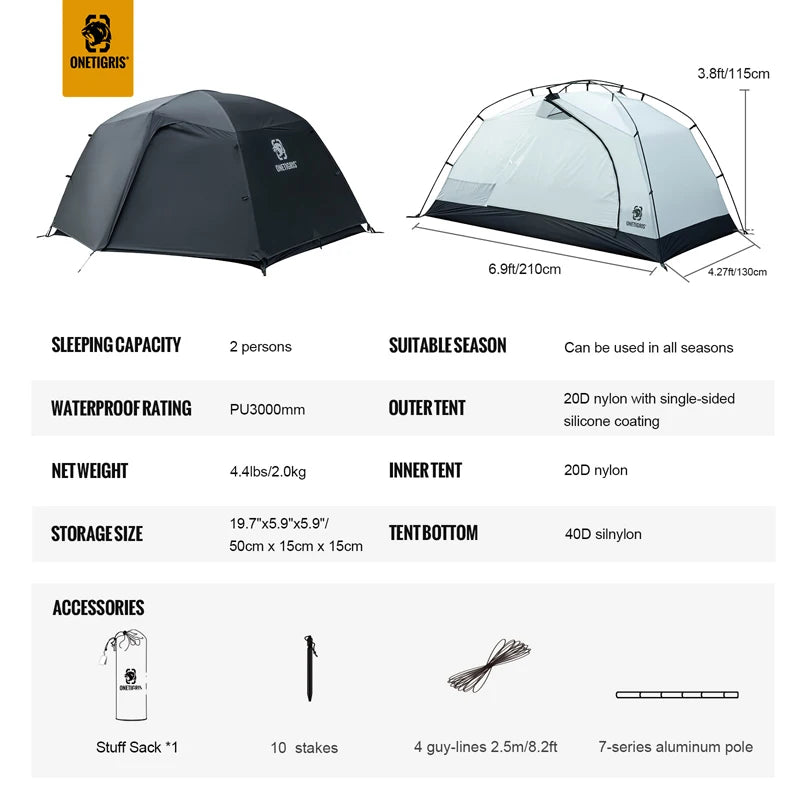 OneTigris STELLA Camping Tent - Black Tigris Series 2-Person 4-Season Backpacking Shelter