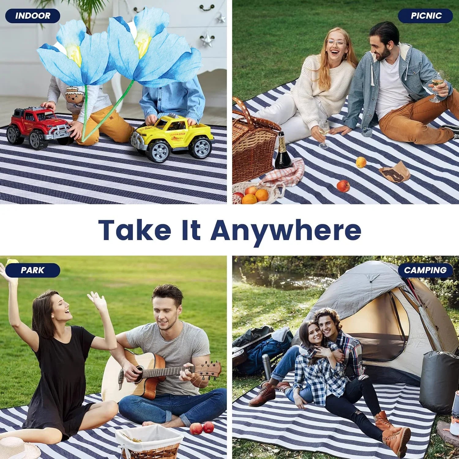 Waterproof Beach Picnic Blanket with Leather Carrying Strap - Foldable Sandproof Mat