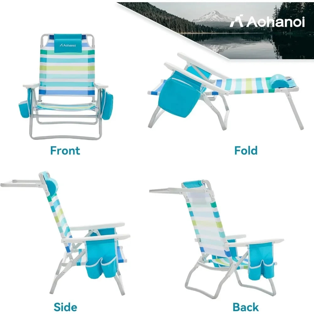 Aohanoi Adjustable Reclining Beach Chair with Cooler Pouch - Blue Stripes, 350lbs Capacity