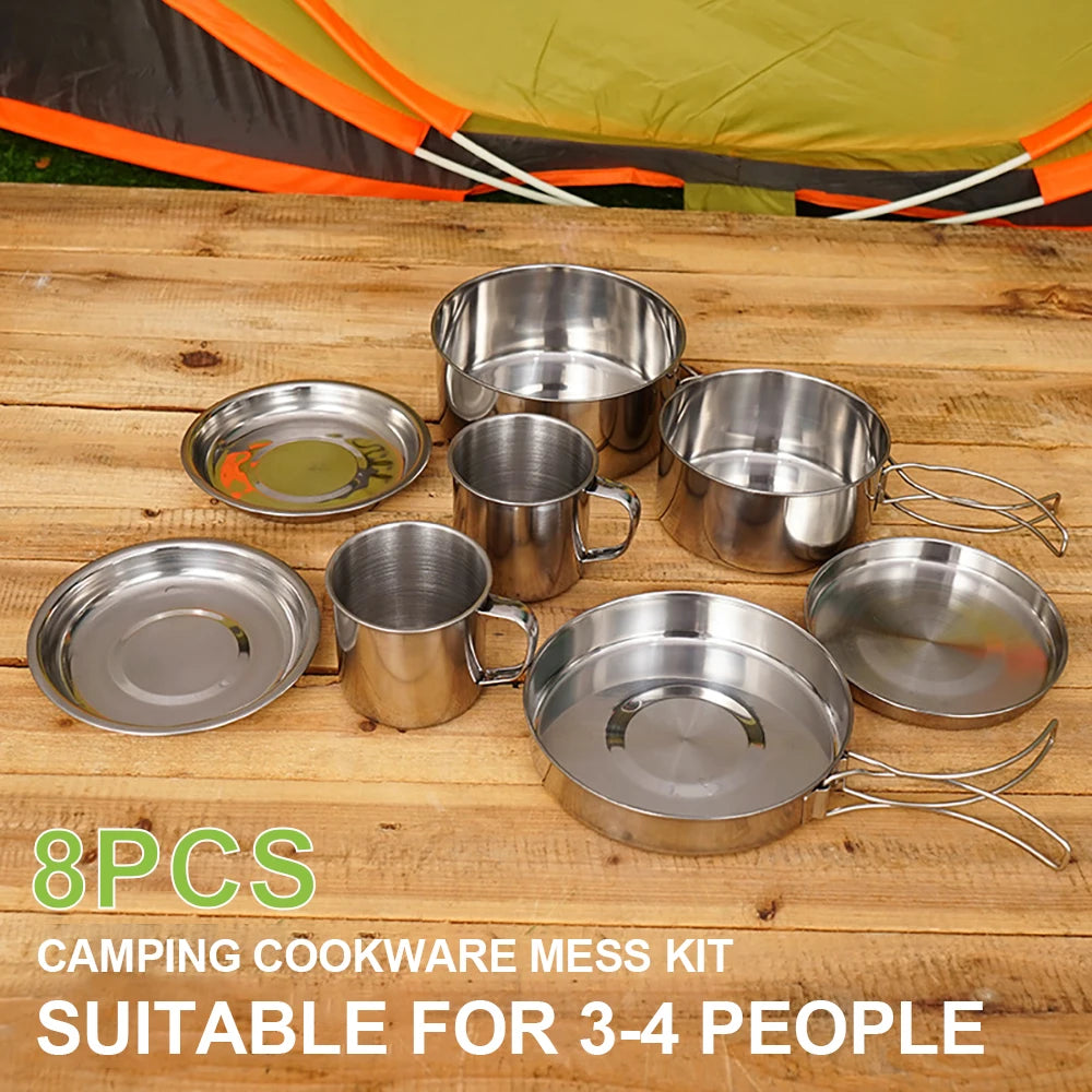 Portable Stainless Steel 8-Piece Camping Cookware Mess Kit - Pots, Pans, Cups & Plates, Foldable Handles, Ideal for 3-4 People