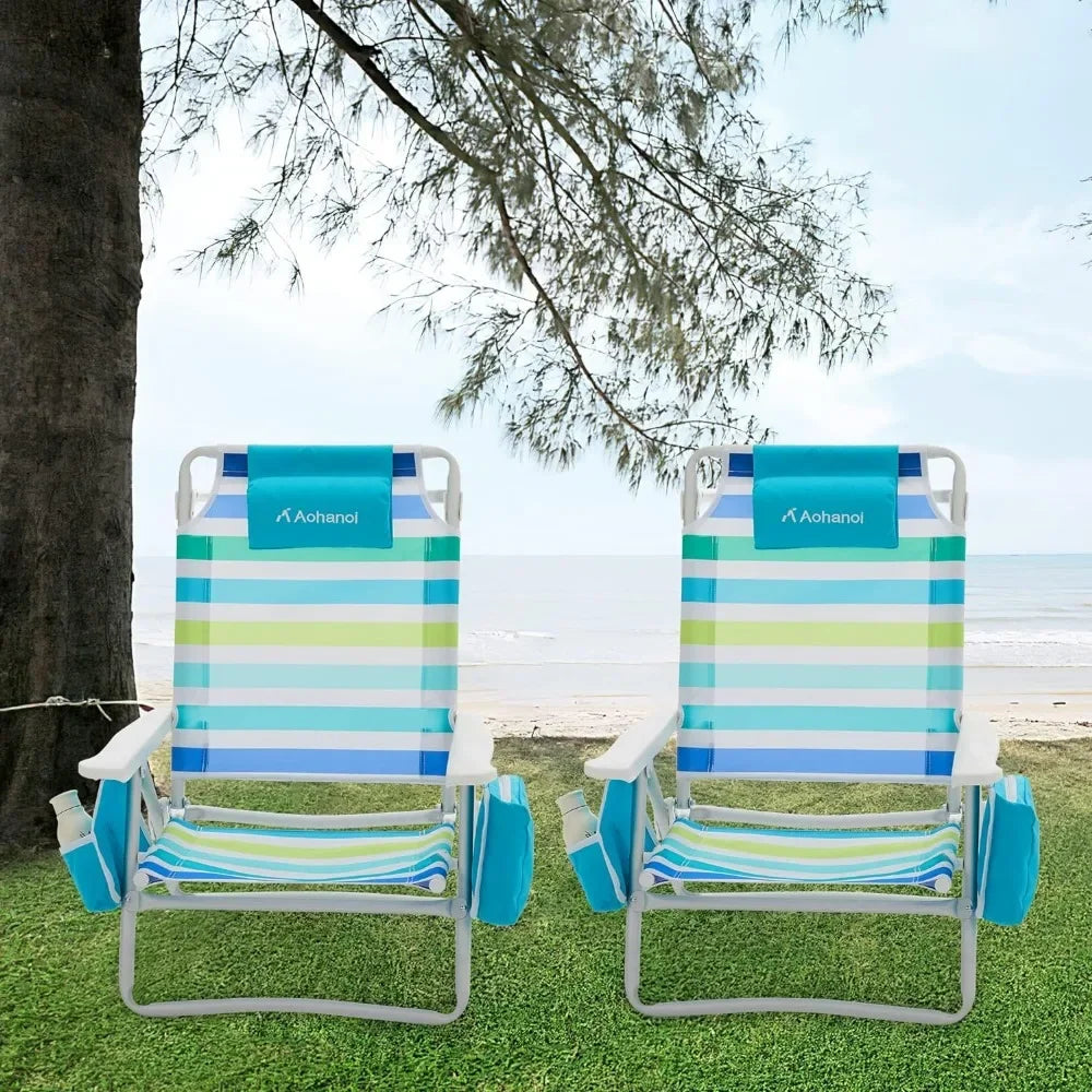 Aohanoi Adjustable Reclining Beach Chair with Cooler Pouch - Blue Stripes, 350lbs Capacity