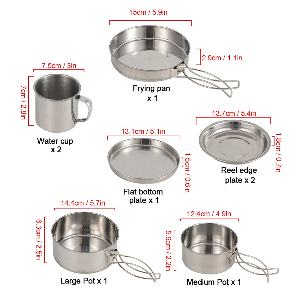 Portable Stainless Steel 8-Piece Camping Cookware Mess Kit - Pots, Pans, Cups & Plates, Foldable Handles, Ideal for 3-4 People