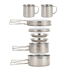 Portable Stainless Steel 8-Piece Camping Cookware Mess Kit - Pots, Pans, Cups & Plates, Foldable Handles, Ideal for 3-4 People