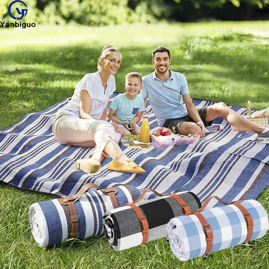 Waterproof Beach Picnic Blanket with Leather Carrying Strap - Foldable Sandproof Mat