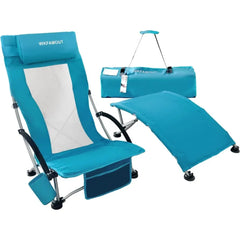 WKFAMOUT Portable Low Profile Folding Beach Chairs with Foot Cushions and Accessories - Supports 265 lbs