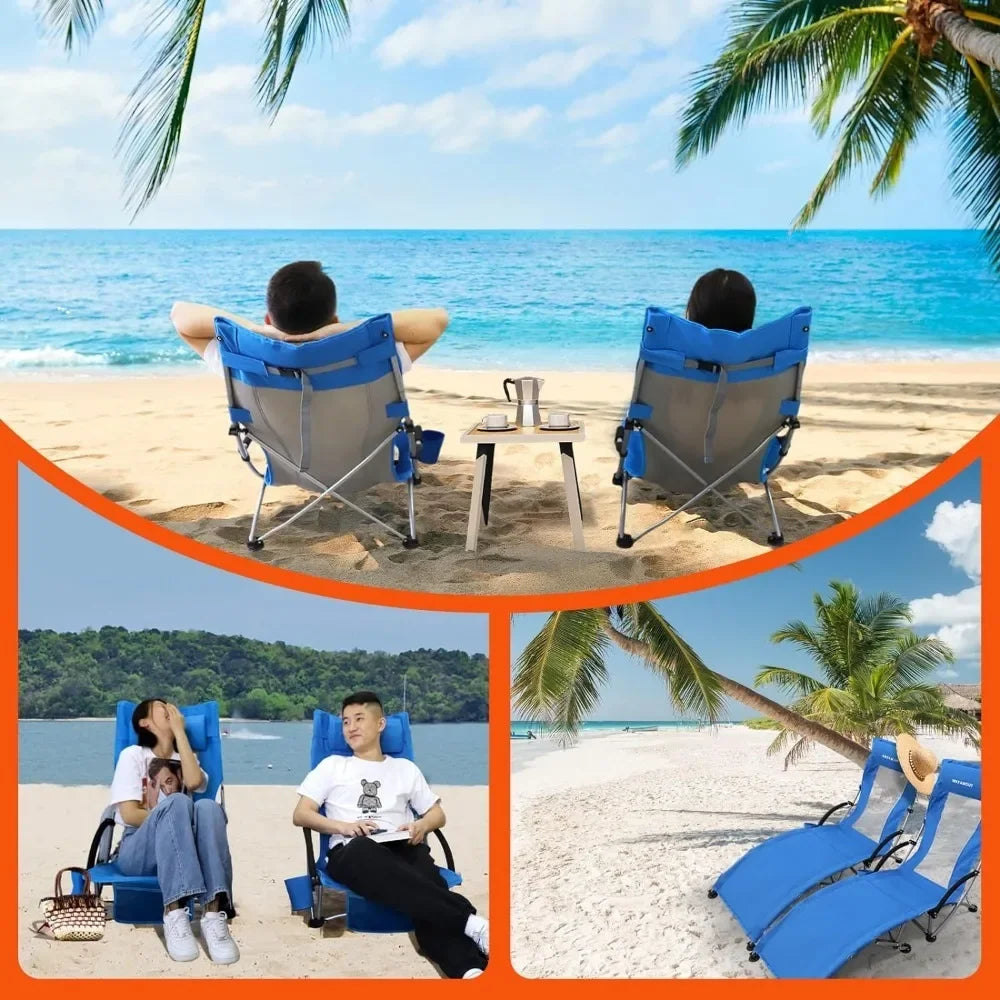 WKFAMOUT Portable Low Profile Folding Beach Chairs with Foot Cushions and Accessories - Supports 265 lbs