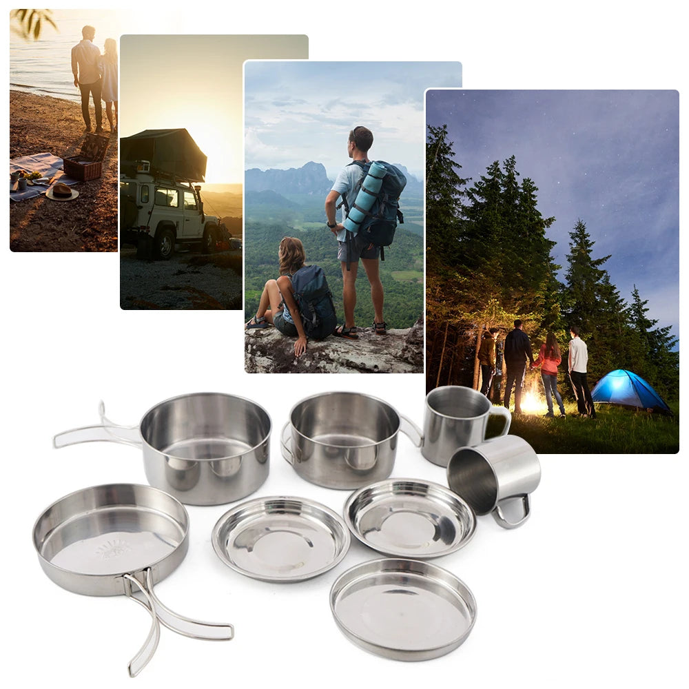 Portable Stainless Steel 8-Piece Camping Cookware Mess Kit - Pots, Pans, Cups & Plates, Foldable Handles, Ideal for 3-4 People