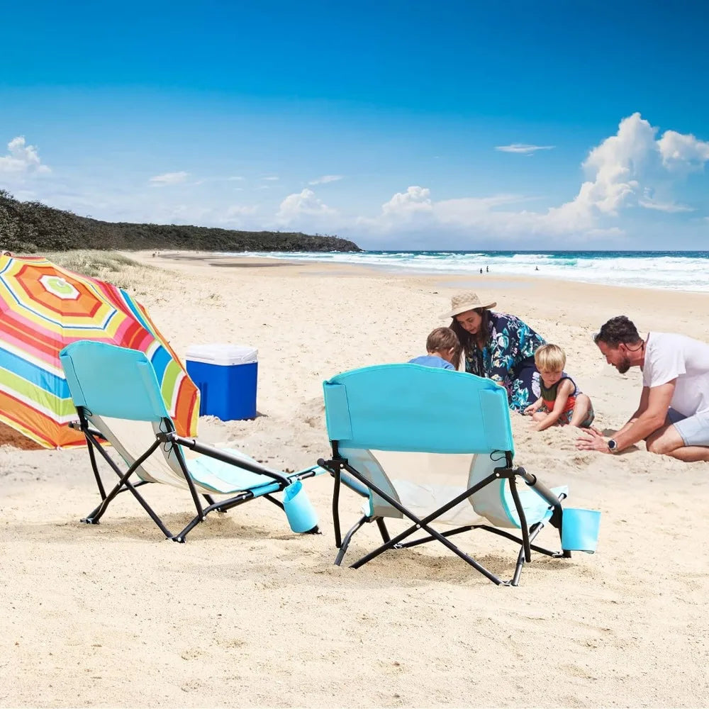 ANGDUO Heavy Duty Low Profile Beach Chairs with Cup Holder - 2 Pack, 22" High, Includes Carry Bag