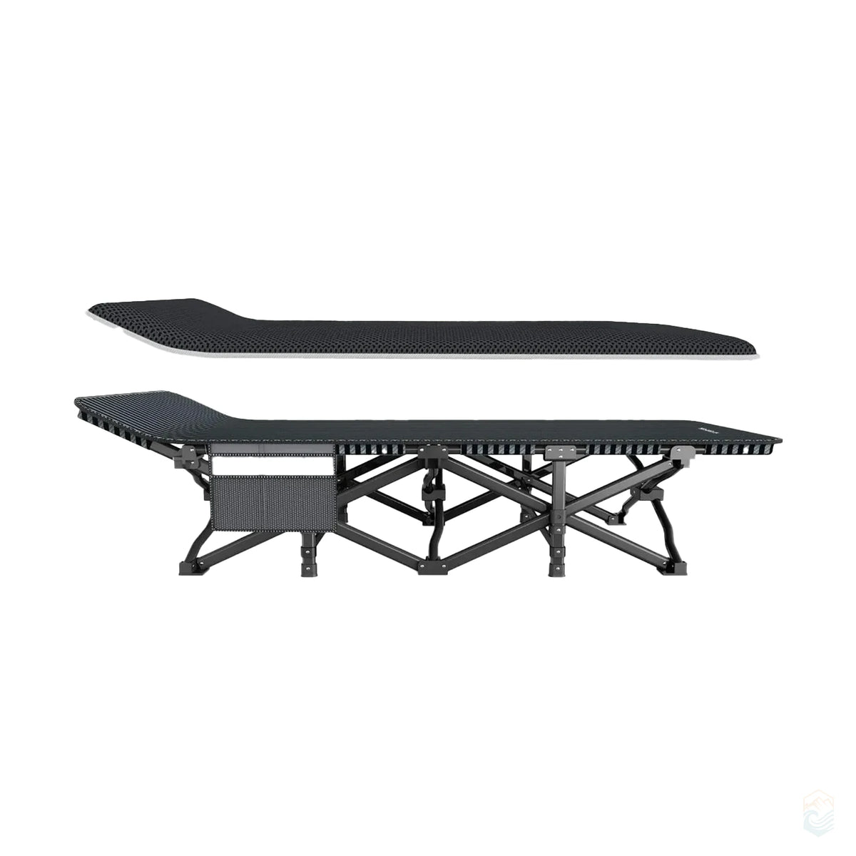 Ultralight adjustable camping cot with sturdy black frame and detachable breathable black mesh mattress