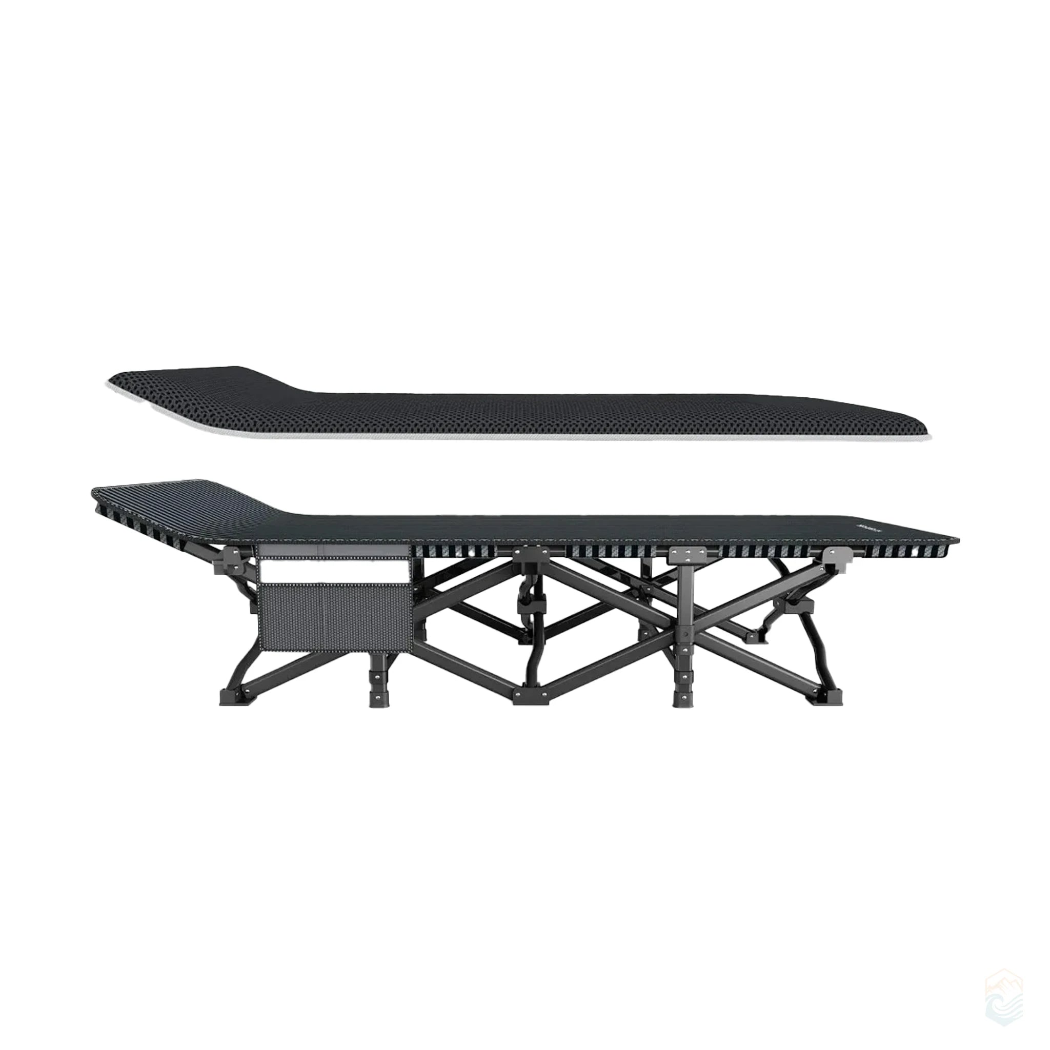 Ultralight adjustable camping cot with sturdy black frame and detachable breathable black mesh mattress