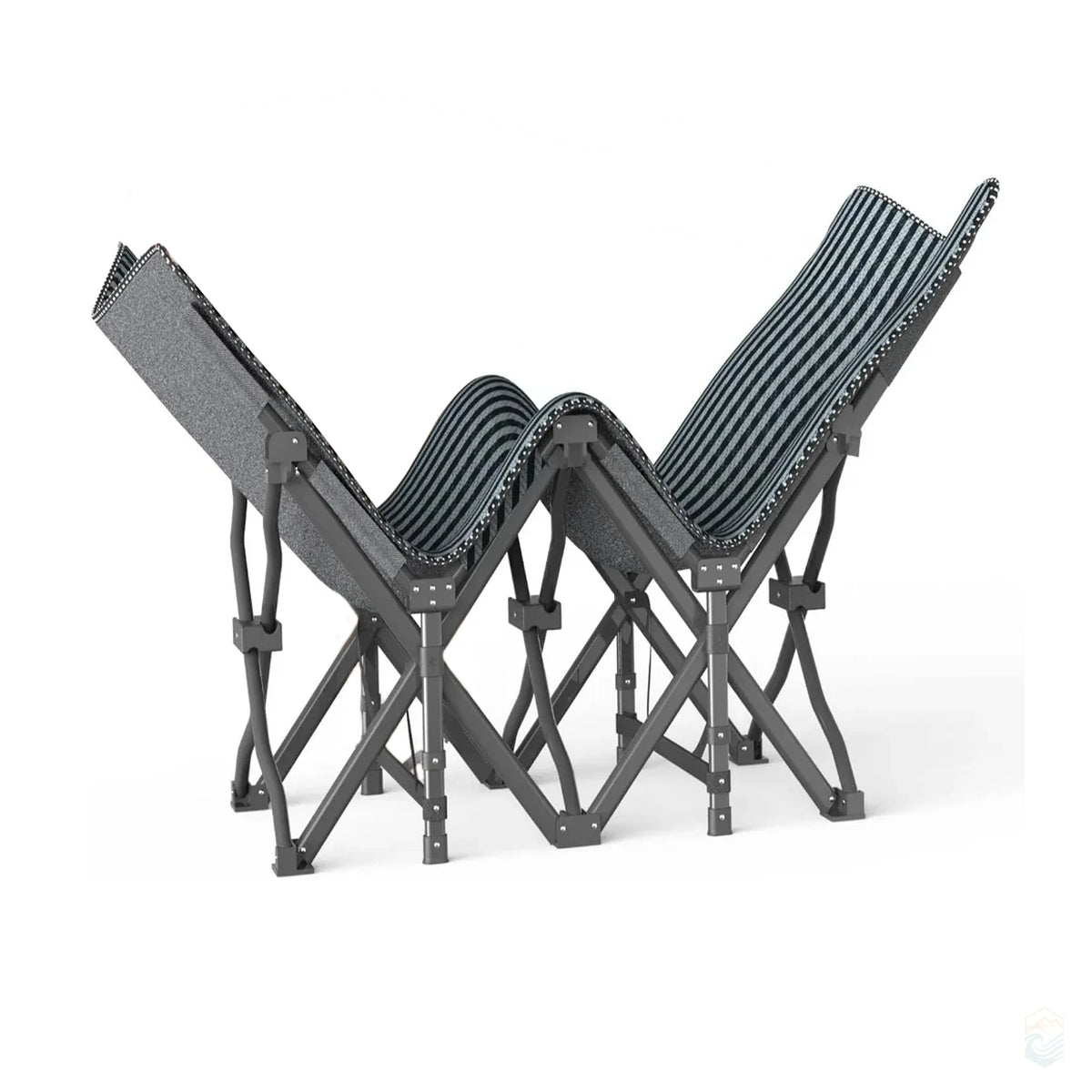 Adjustable folding camping cot in black striped design shown in reclined and raised positions with durable metal frame