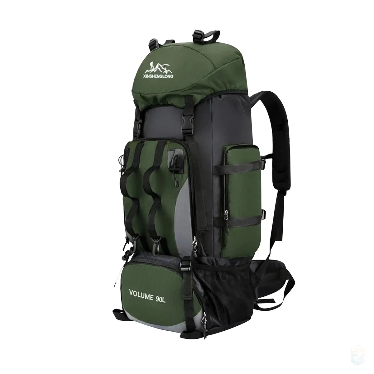 Durable 90L army green hiking and camping backpack with rain cover, equipped with spacious compartments, ergonomic straps, and rugged construction.