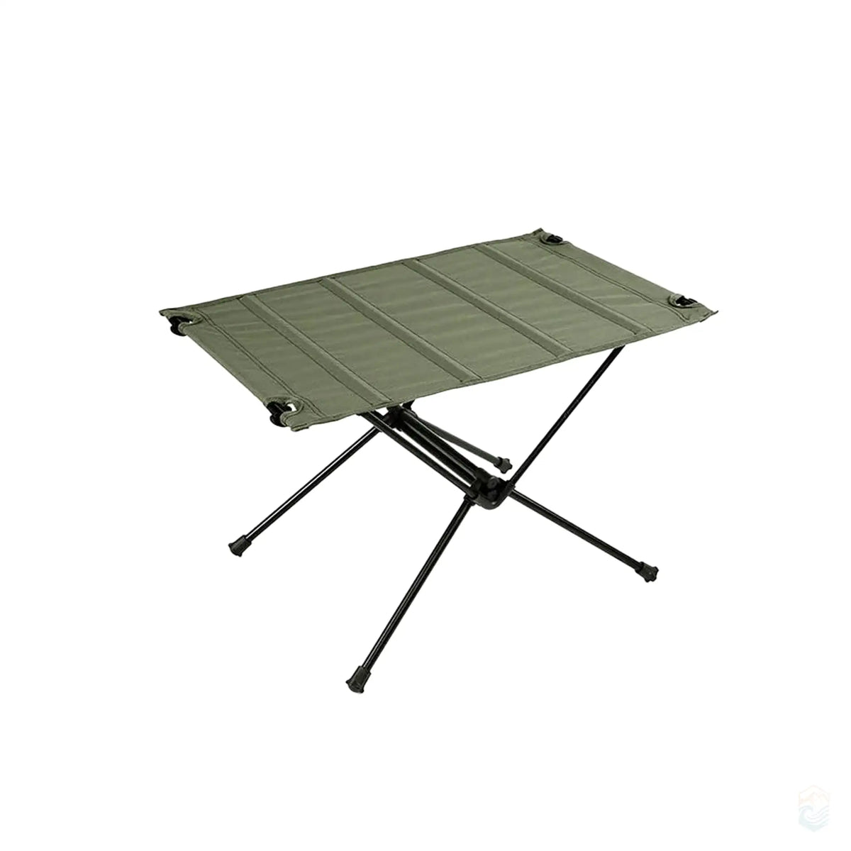 Army green ultralight collapsible camping table with a sturdy aluminum frame, shown with its compact carrying bag, perfect for outdoor adventures and easy portability.