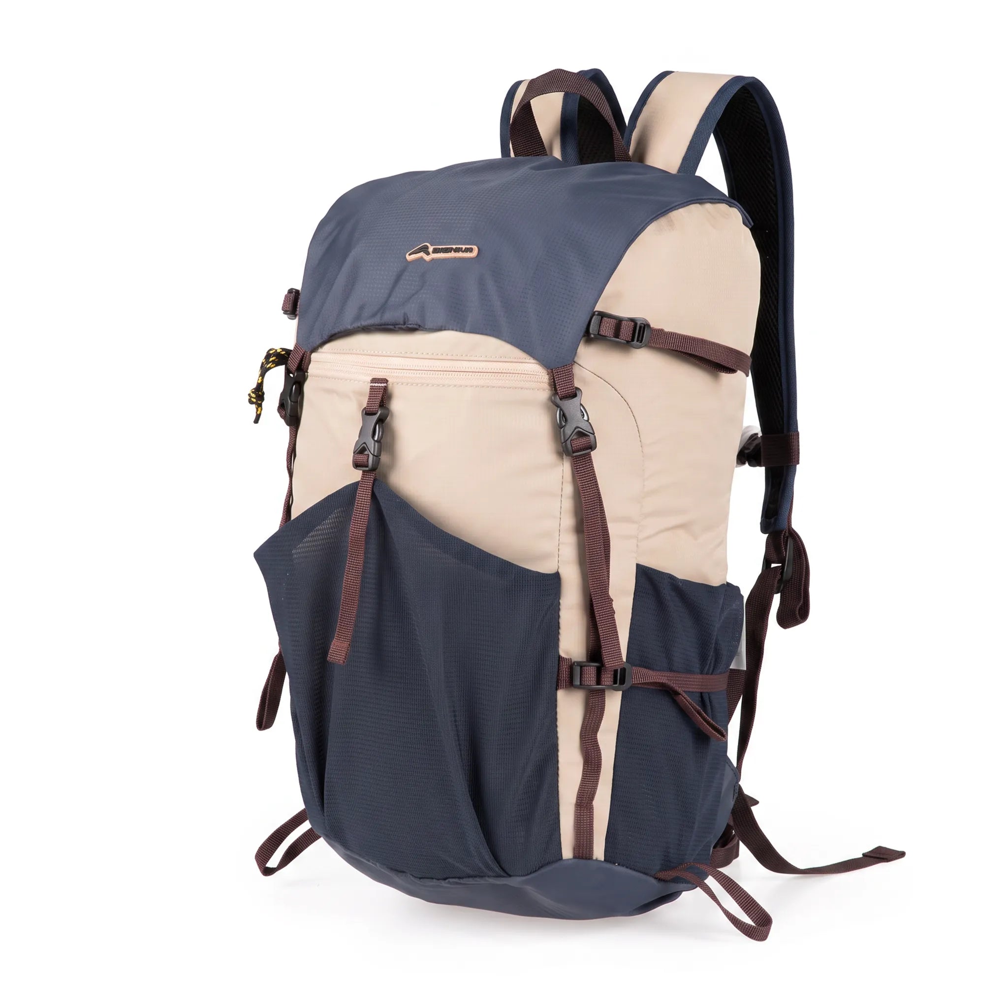 BISINNA 22L blue and beige ultralight hiking backpack with adjustable shoulder straps, exterior mesh pockets, and compression straps.