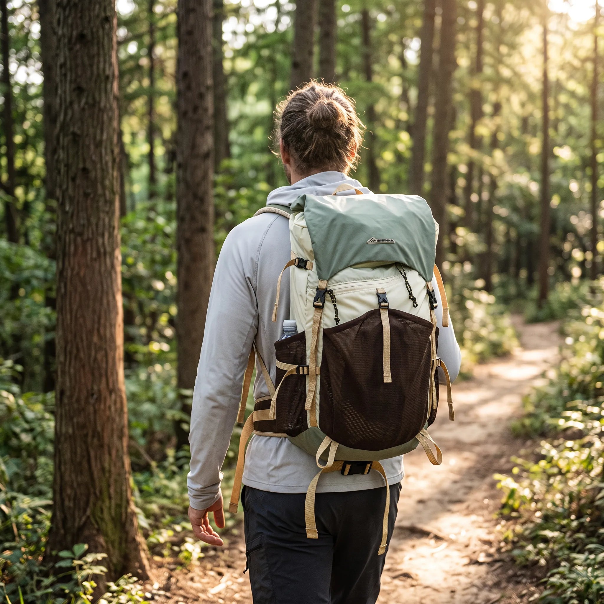 Man hiking on a forest trail wearing the BISINNA 22L gray, cream, and brown hiking backpack.