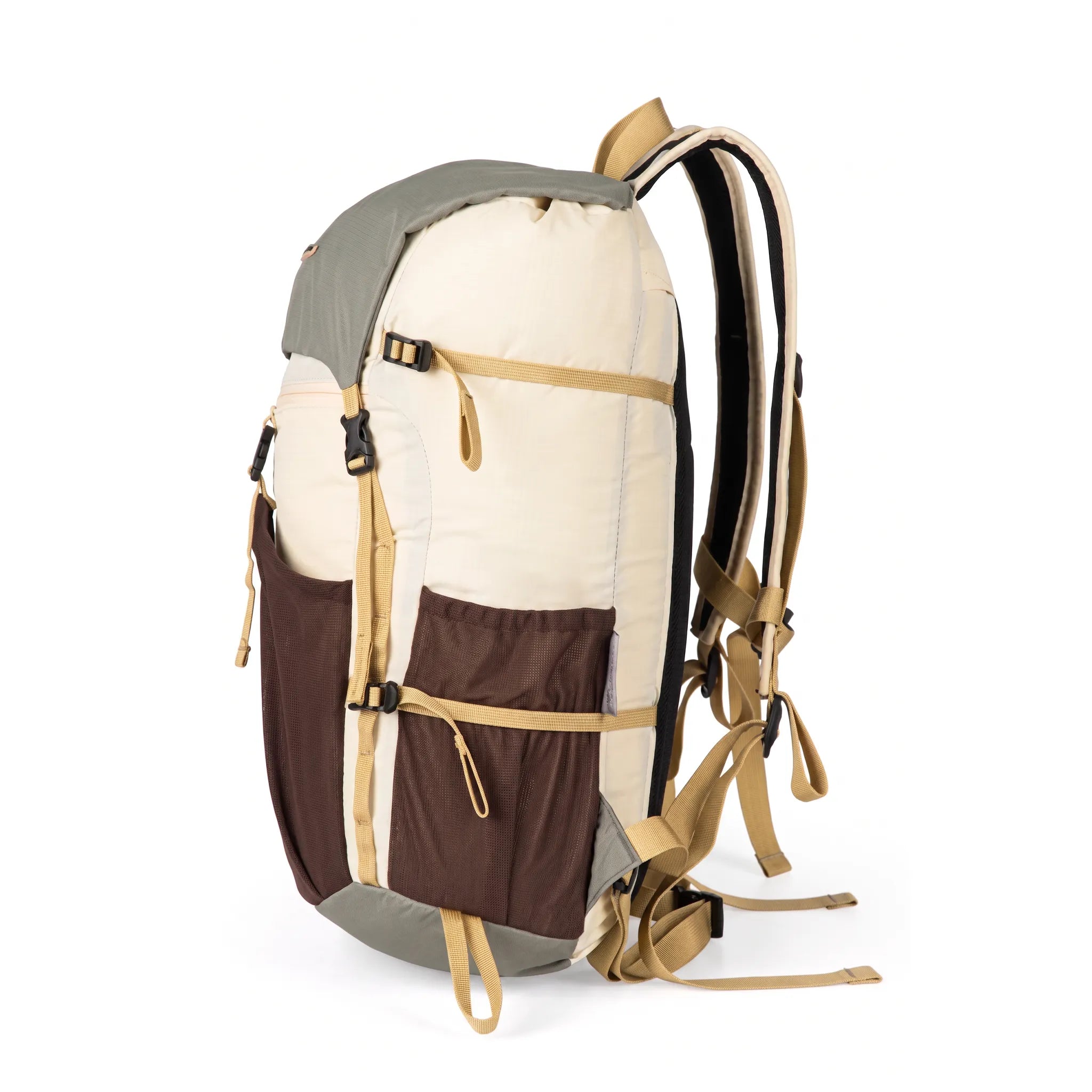 Side view of BISINNA 22L gray and brown ultralight hiking backpack with mesh side pockets, compression straps, and padded shoulder straps.