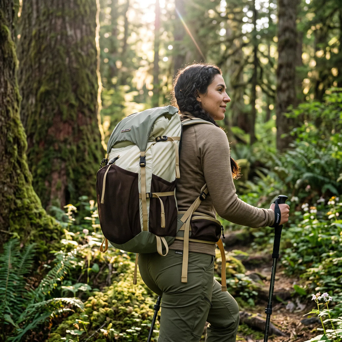 Woman hiking through a forest wearing the BISINNA 22L gray and brown hiking backpack while using trekking poles.