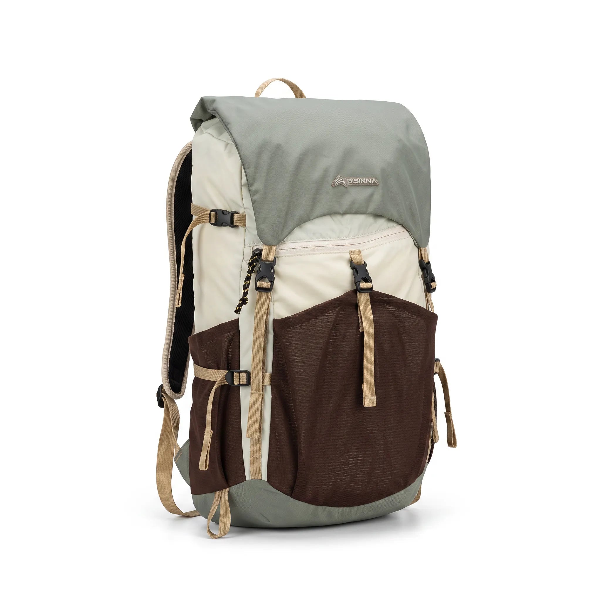BISINNA 22L gray and brown ultralight hiking backpack with front mesh storage pocket, adjustable straps, and lightweight nylon construction.