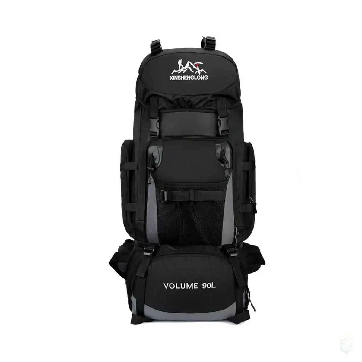 Front view of a black 90L hiking backpack featuring durable material, multiple compartments, and a secure strap system, perfect for camping, trekking, and extended outdoor adventures.