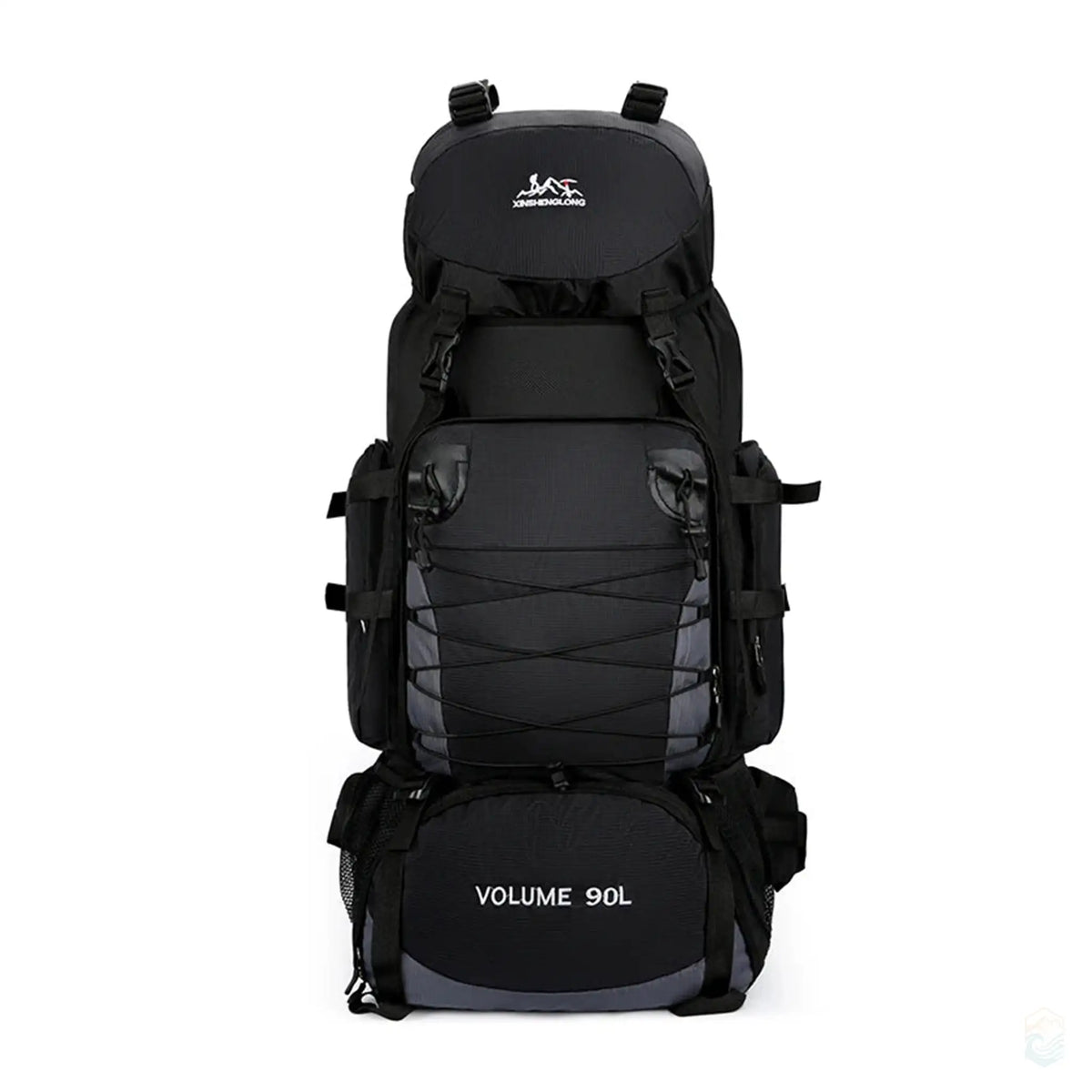 Black 90L hiking backpack with front and side pockets, heavy-duty straps, and ergonomic design, ideal for extended outdoor adventures and camping trips.