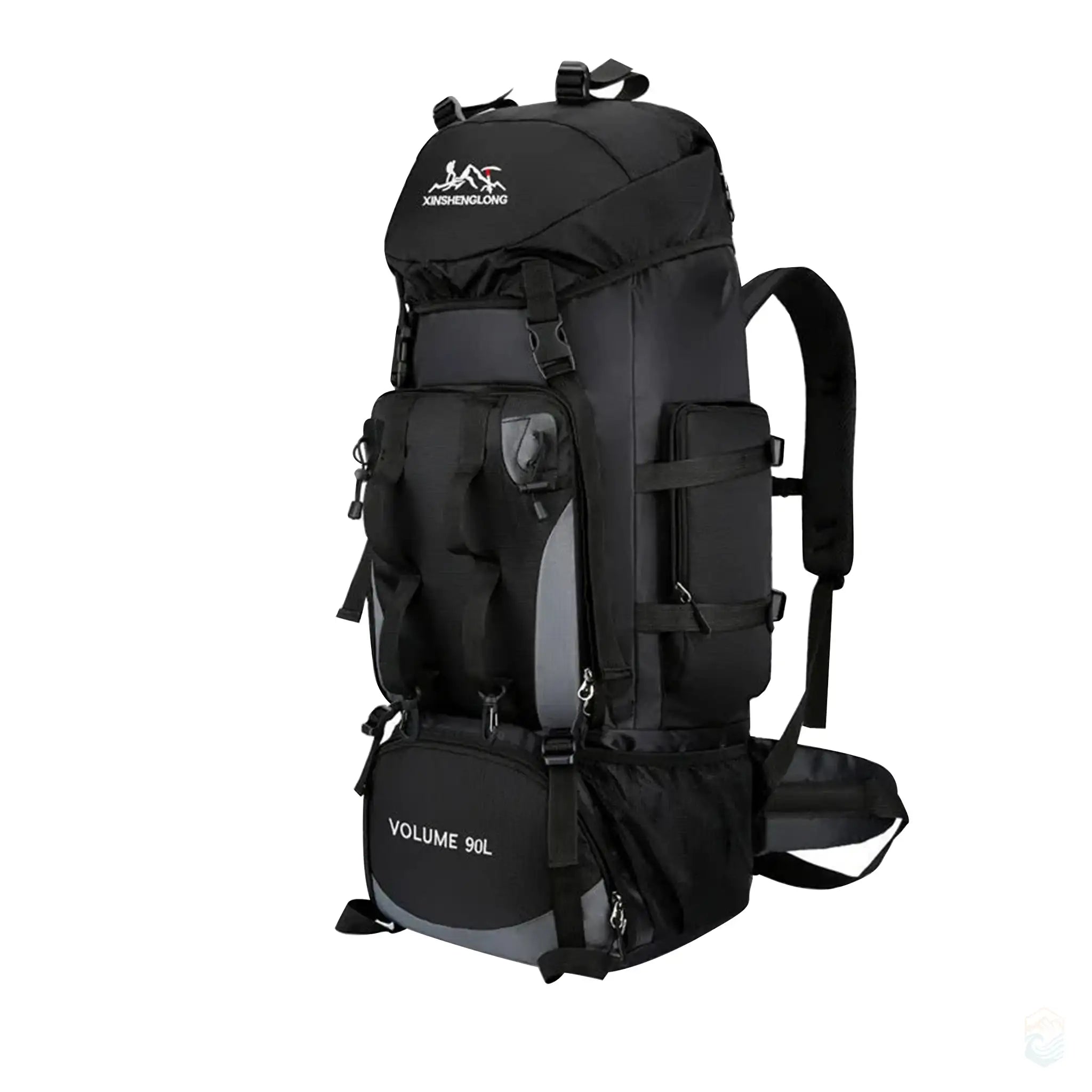 Black 90L hiking and camping backpack with rain cover, designed with multiple compartments, adjustable straps, and a water-resistant build for outdoor adventures.