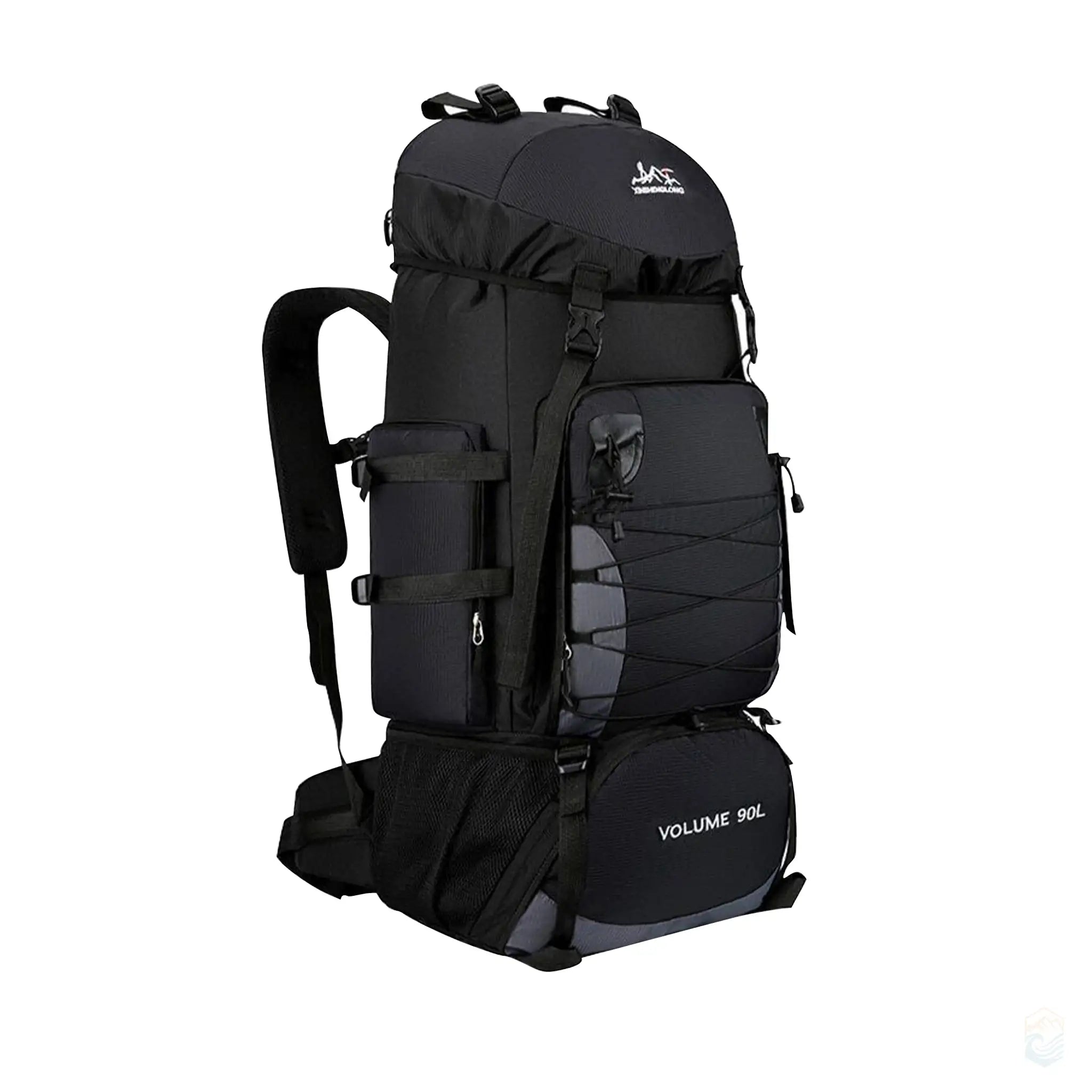 Black 90L waterproof camping backpack with multiple compartments, adjustable straps, and included rain cover, designed for rugged outdoor adventures and long hikes.