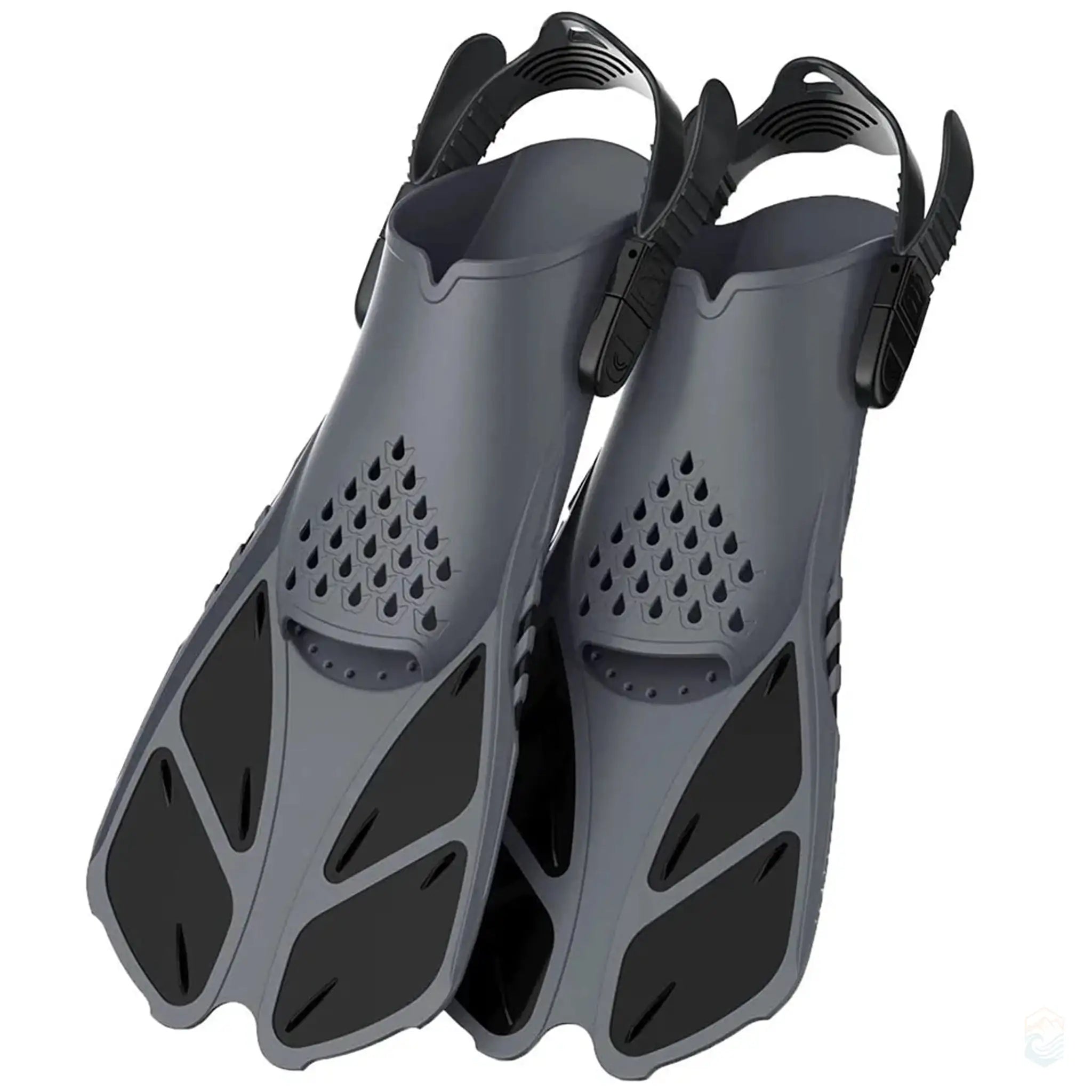 Black adjustable snorkel fins made of silicone, designed for swimming and diving, offering a secure fit and durable performance