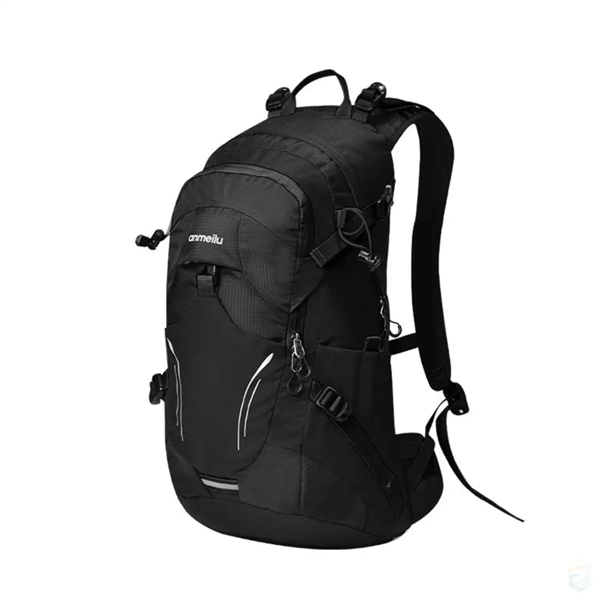 Black Anmeilu outdoor backpack with 20L capacity, featuring multiple straps and pockets, designed for hiking, camping, and beach trips.