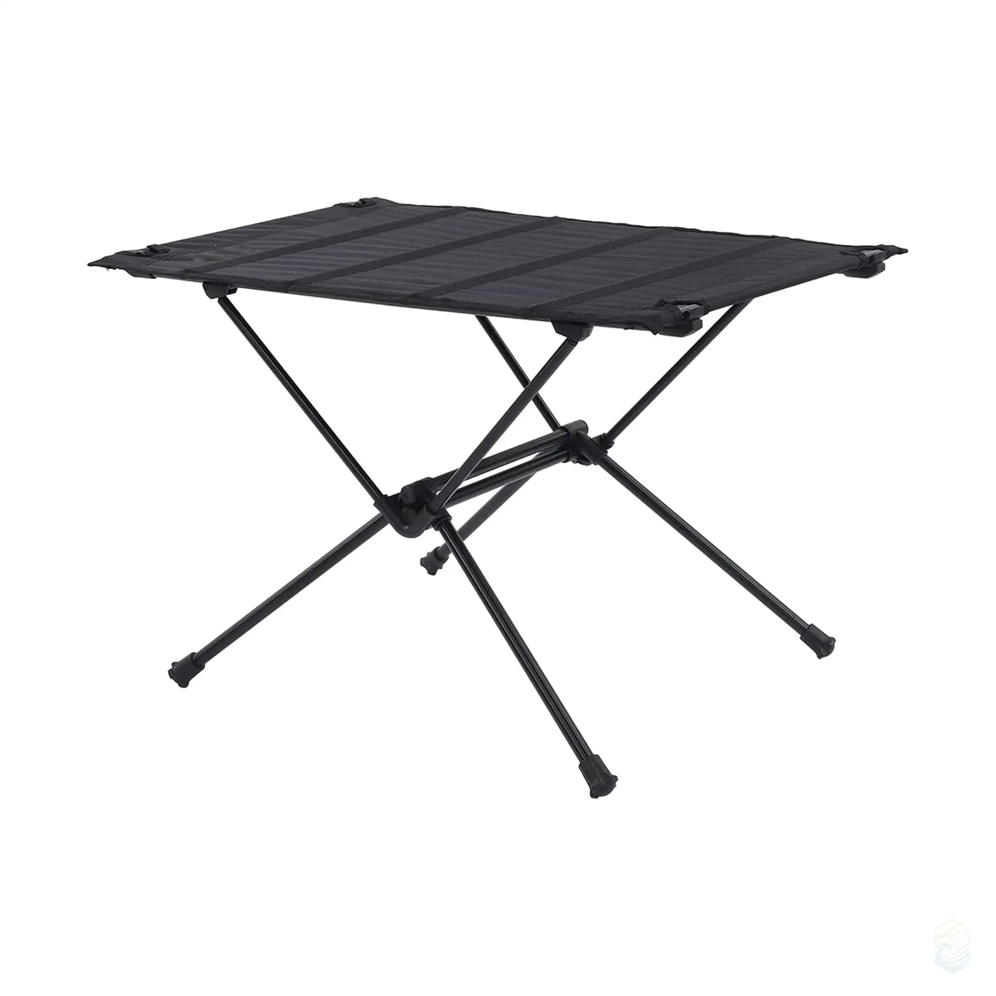 Angled view of a black collapsible camping table with an aluminum frame, ideal for outdoor activities, offering lightweight and portable convenience for campers and hikers.