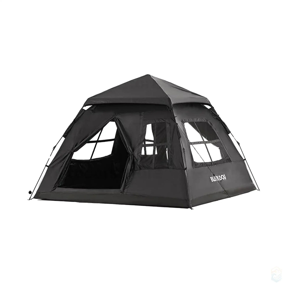 Black Dog automatic tent for 3-4 people in black, featuring two doors and four windows with UPF40 UV protection, waterproof 150D Oxford cloth, and durable construction. Ideal for camping with easy setup and reliable weather protection.