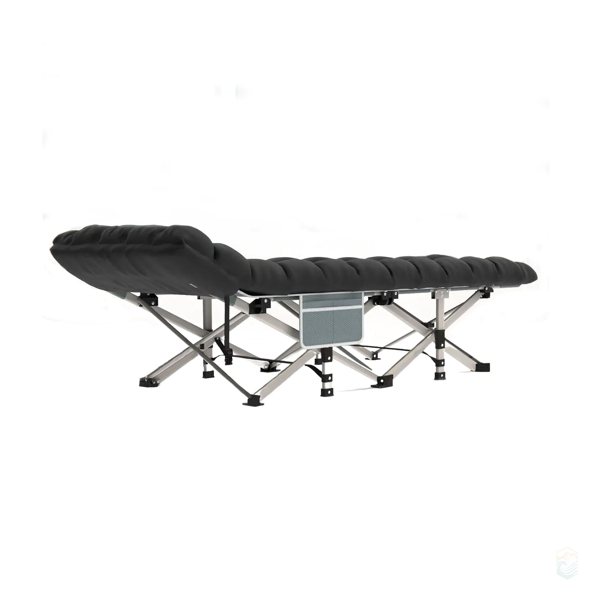 Side view of black padded camping cot with gray folding frame and mesh storage pocket, designed for outdoor sleeping