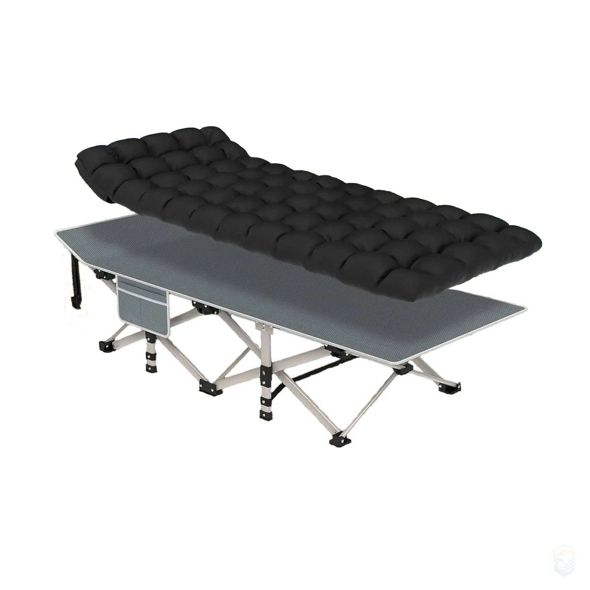 Folding camping cot with black padded mattress and gray frame, includes side storage pocket for outdoor use