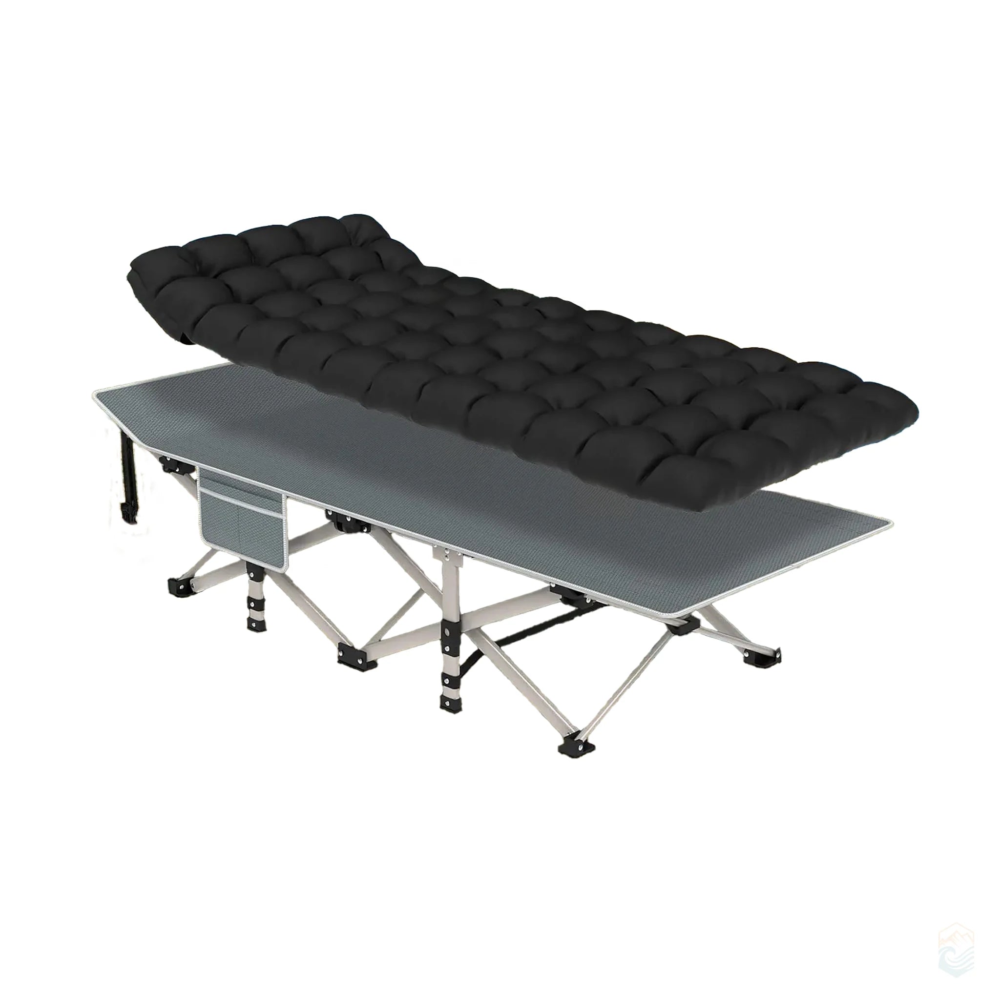 Folding camping cot with black padded mattress and gray frame, includes side storage pocket for outdoor use