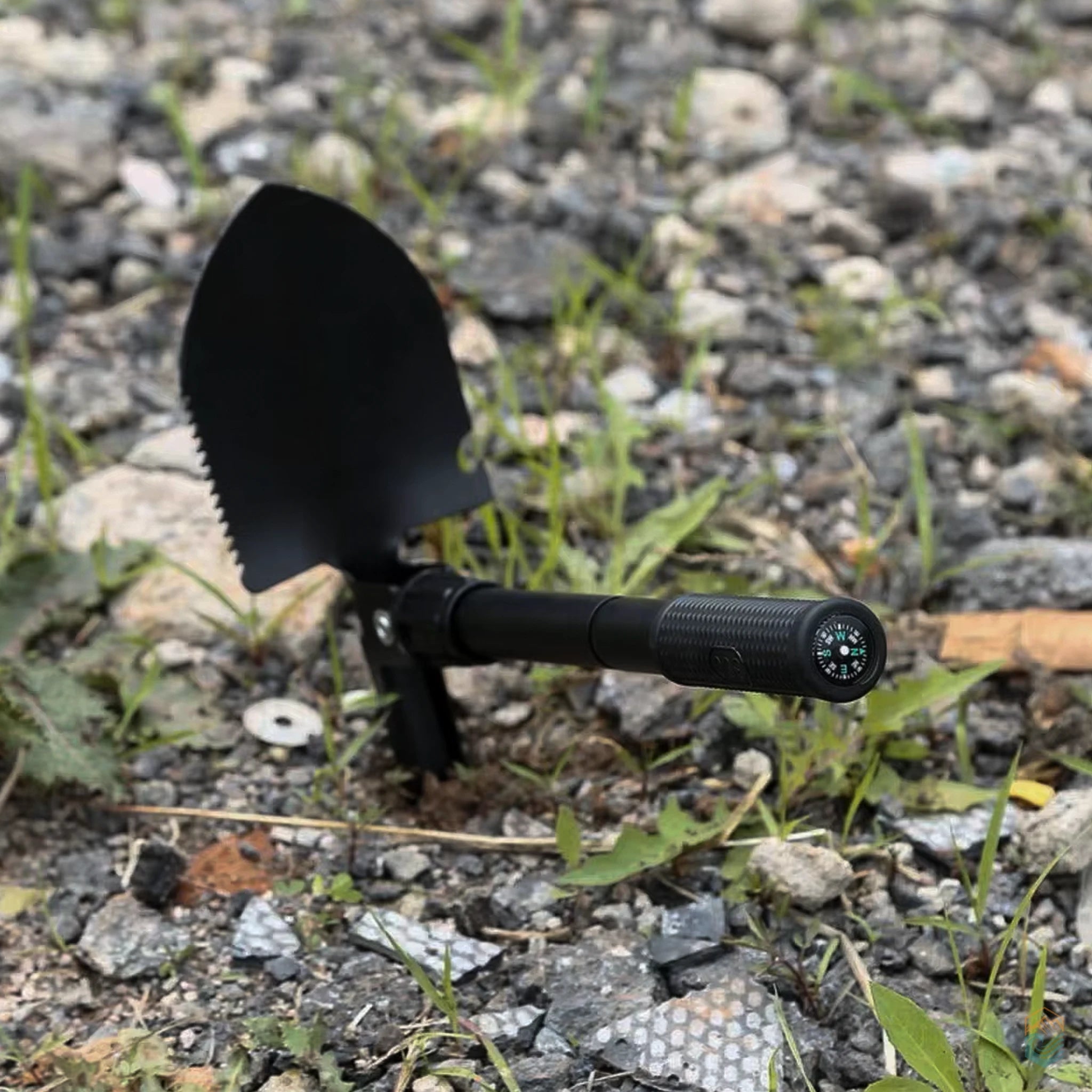 Black tactical folding survival shovel with serrated edge and built-in compass, positioned on rocky ground, demonstrating outdoor utility and durable field performance