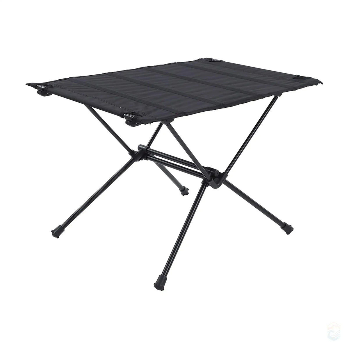 Black ultralight collapsible camping table with a durable aluminum frame, designed for easy transport and quick setup, ideal for camping and outdoor activities.