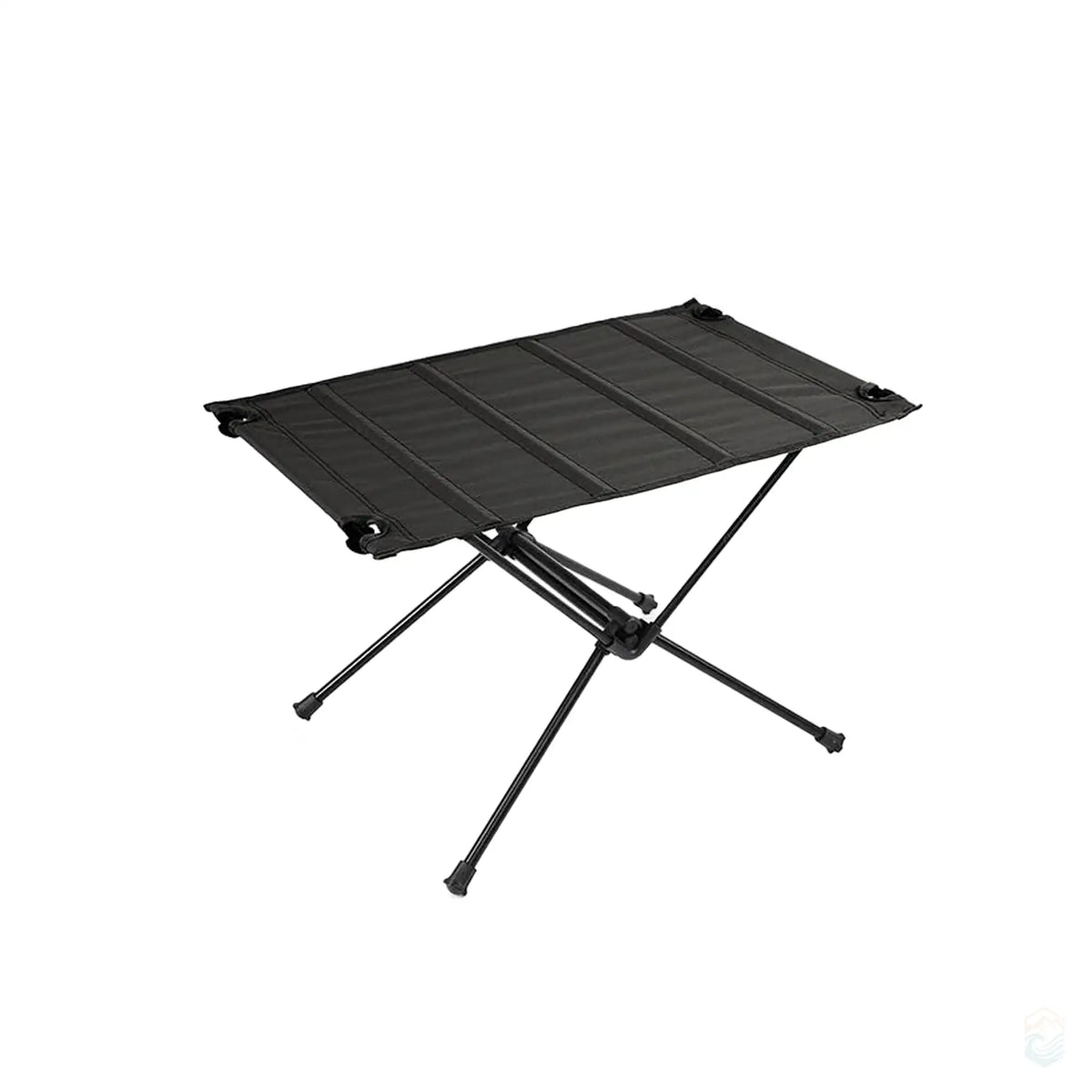 Black ultralight collapsible camping table with an aluminum frame, shown with its compact carrying bag, ideal for easy transport and outdoor activities.