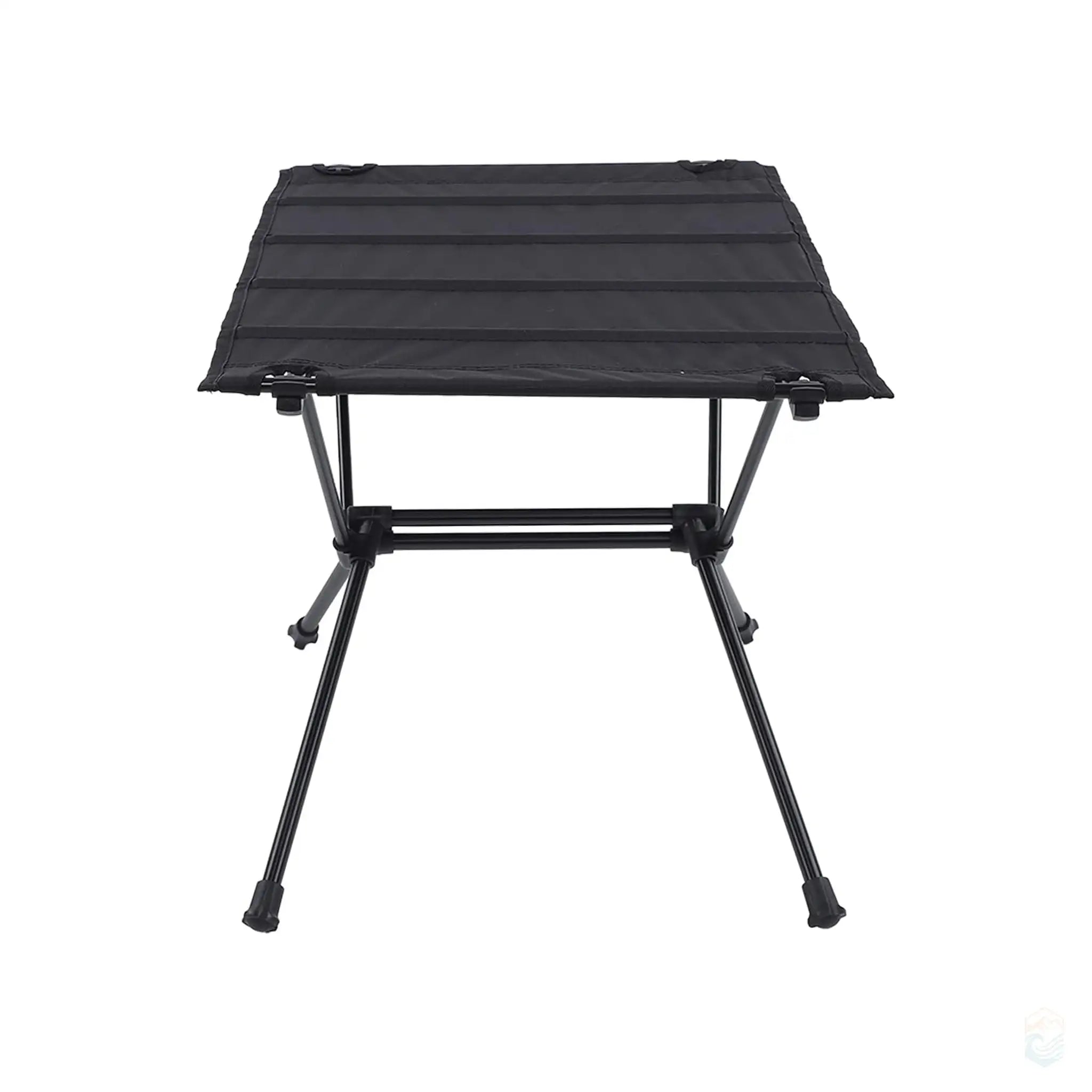 Front view of a black ultralight folding camping table with a sturdy aluminum frame, ideal for outdoor use, offering compact and easy setup for camping and picnics.