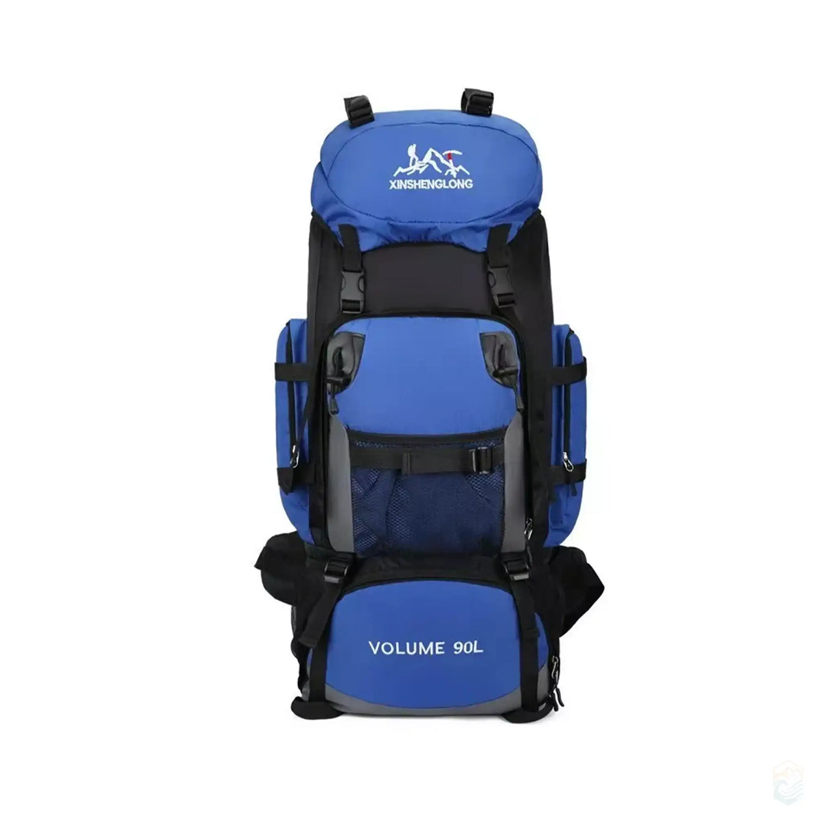 Front view of a blue 90L hiking backpack with multiple compartments and secure straps, ideal for long camping trips and outdoor expeditions.