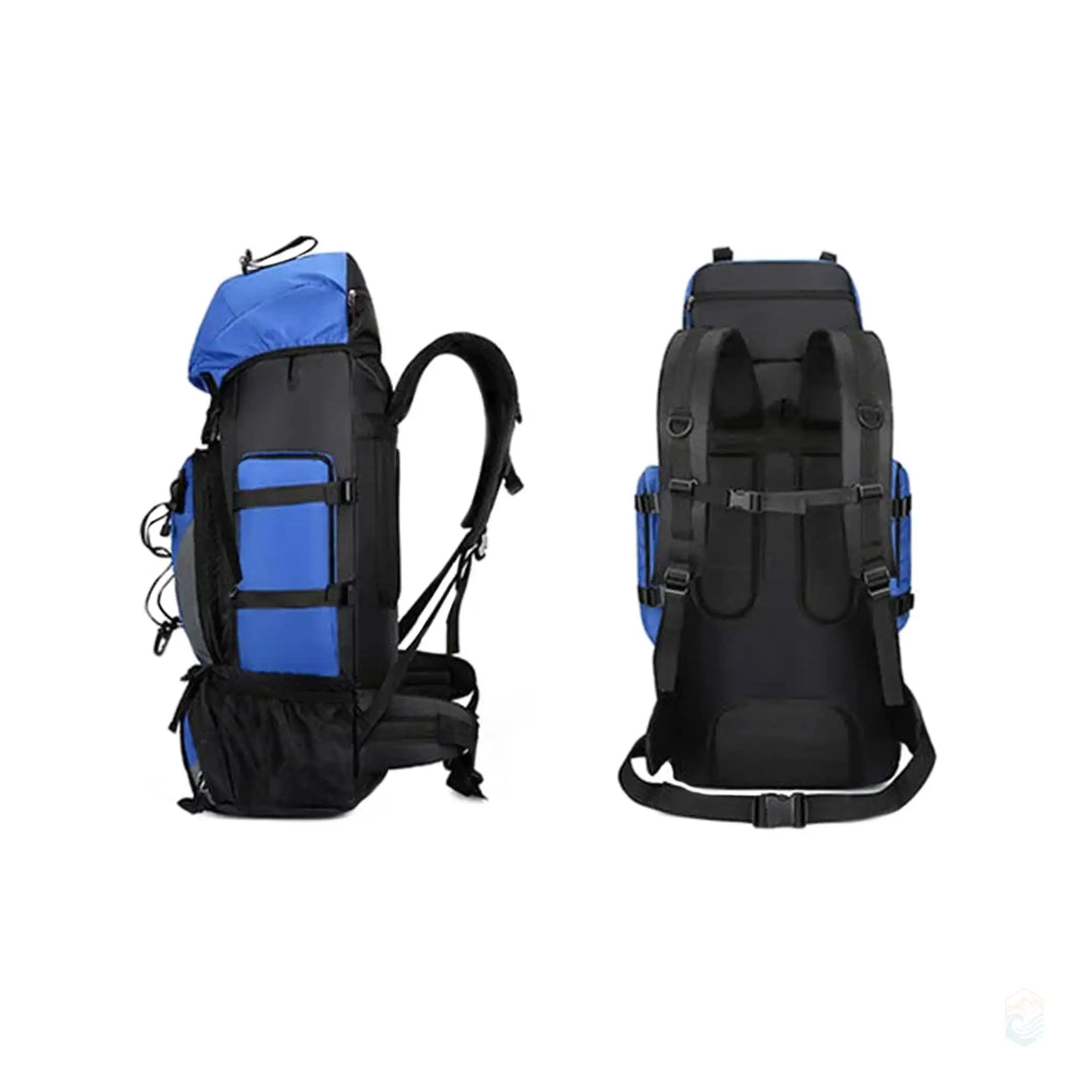 Side and back view of a blue 90L hiking backpack, showcasing the ergonomic shoulder straps, sturdy back support, and multiple side pockets, ideal for carrying essential gear during long treks and outdoor adventures.