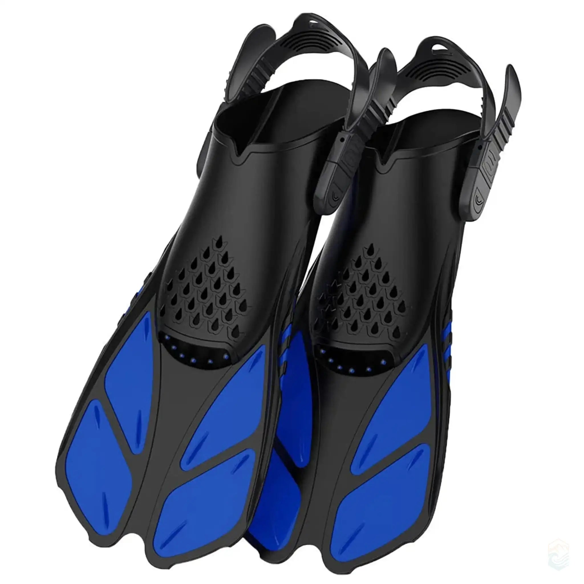 Blue adjustable snorkel fins made of silicone, perfect for swimming and diving, with a comfortable fit and high-performance blade design