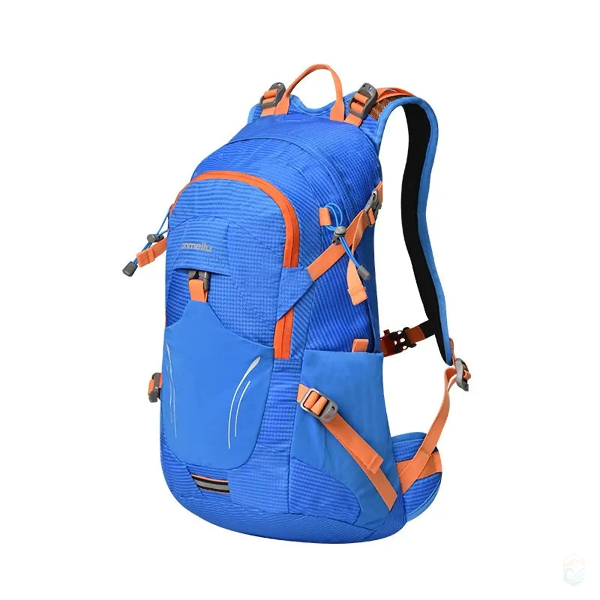 Blue Anmeilu outdoor backpack with 20L capacity, featuring multiple straps and pockets, designed for hiking, camping, and beach trips.